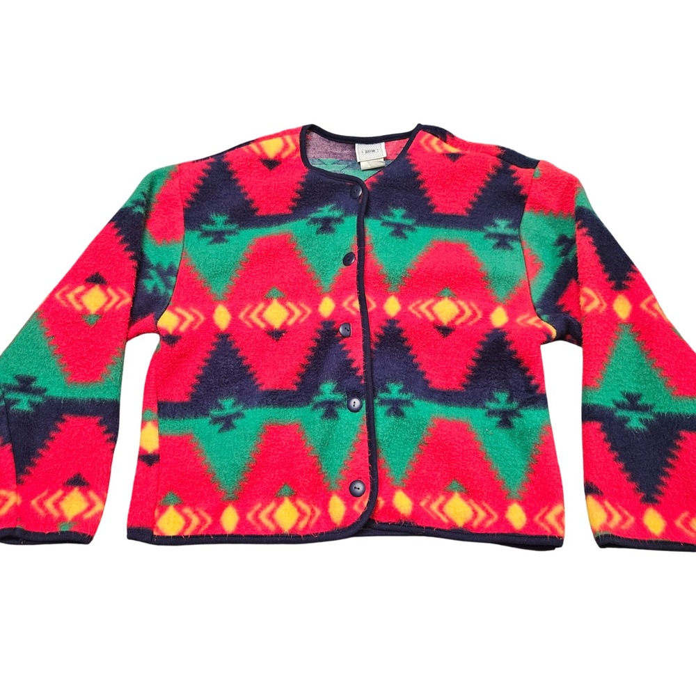 David Wayne Fleece Cardigan S Made in USA Southwest Aztec Colorful Vintage 90s